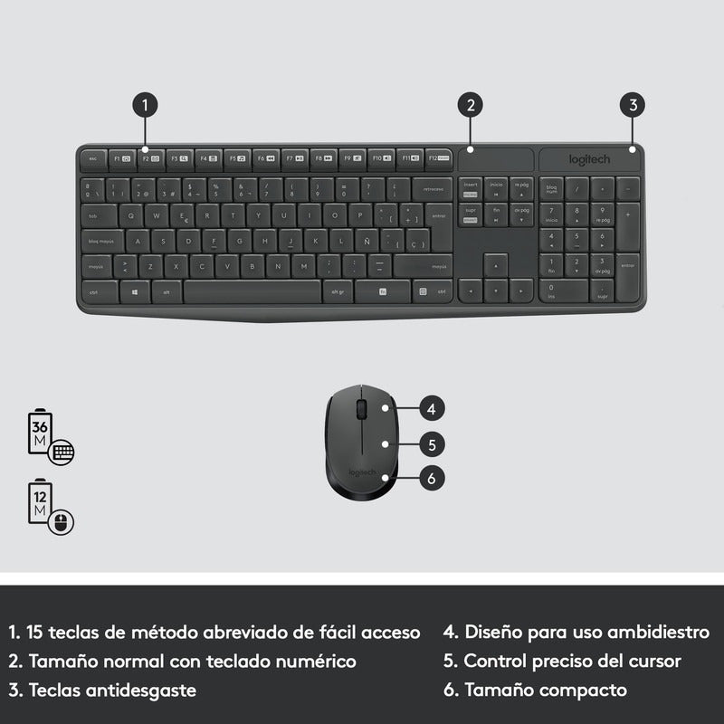 Combo Logitech Mk235 Teclado Y Mouse Inalámbrico Grafito Neg Grafito Negro