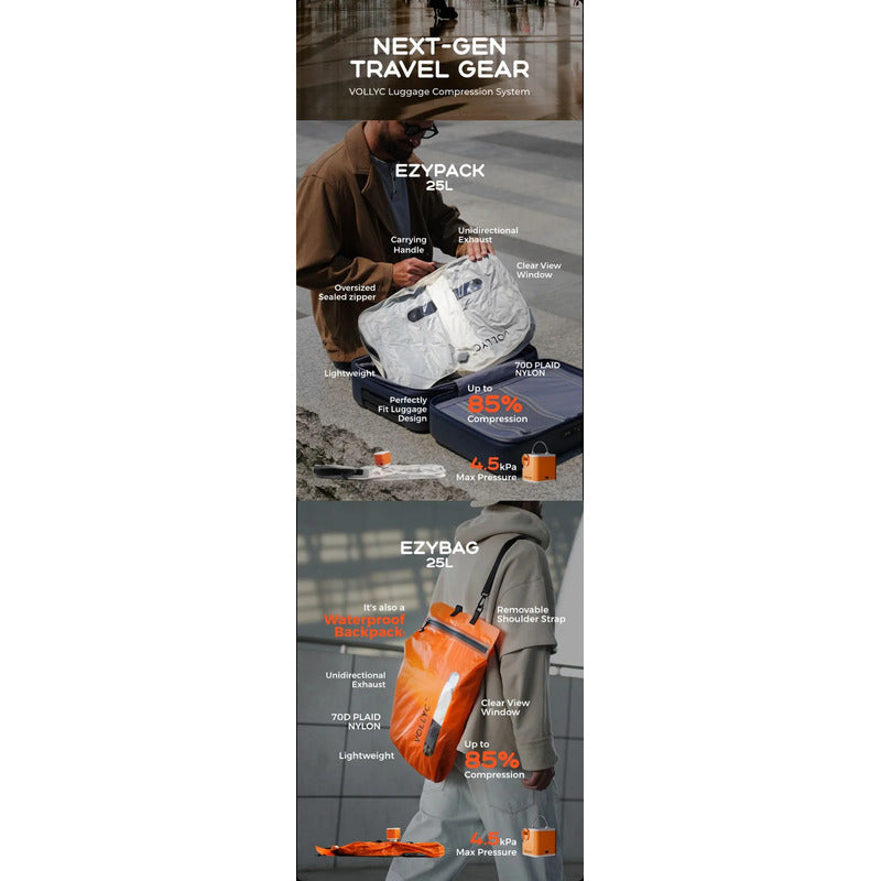 Kit Viajero Bolsa Impermeable Compresión 25l + Bomba Aire Naranja