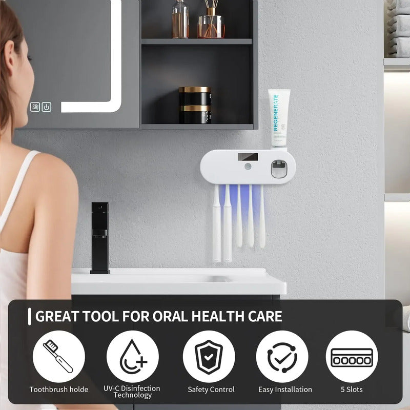 Esterilizador Uv Portacepillos Con Dispensador Pasta Baño Blanco