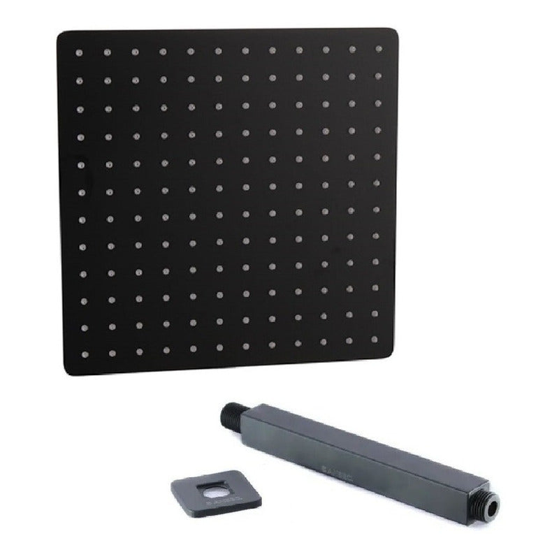 Regadera Cuadrada Para Techo 30x30cm En Negro Y Brazo 20cm Negro Mate