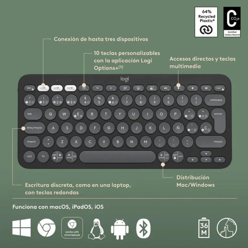 Teclado Pebble Keys 2 K380s Inalámbrico Logitech Negro Españ Grafito Español
