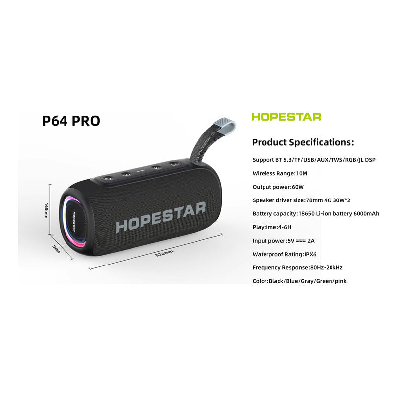 Bocina Bluetooth Portátil Hopestar P64 Pro Ipx6 6000mha