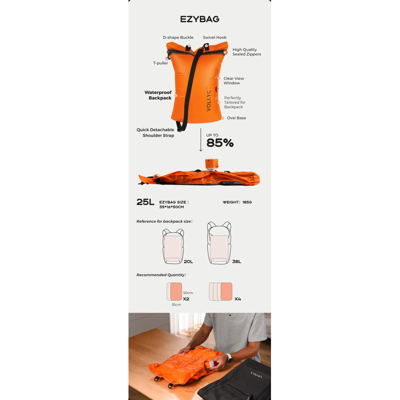 Kit Viajero Bolsa Impermeable Compresión 25l + Bomba Aire Naranja
