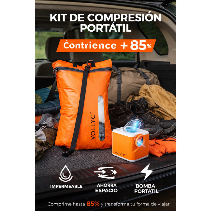 Kit Viajero Bolsa Impermeable Compresión 25l + Bomba Aire Naranja