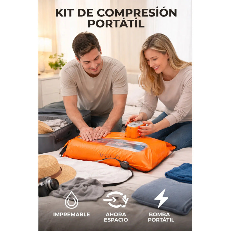Kit Viajero Bolsa Impermeable Compresión 25l + Bomba Aire Naranja