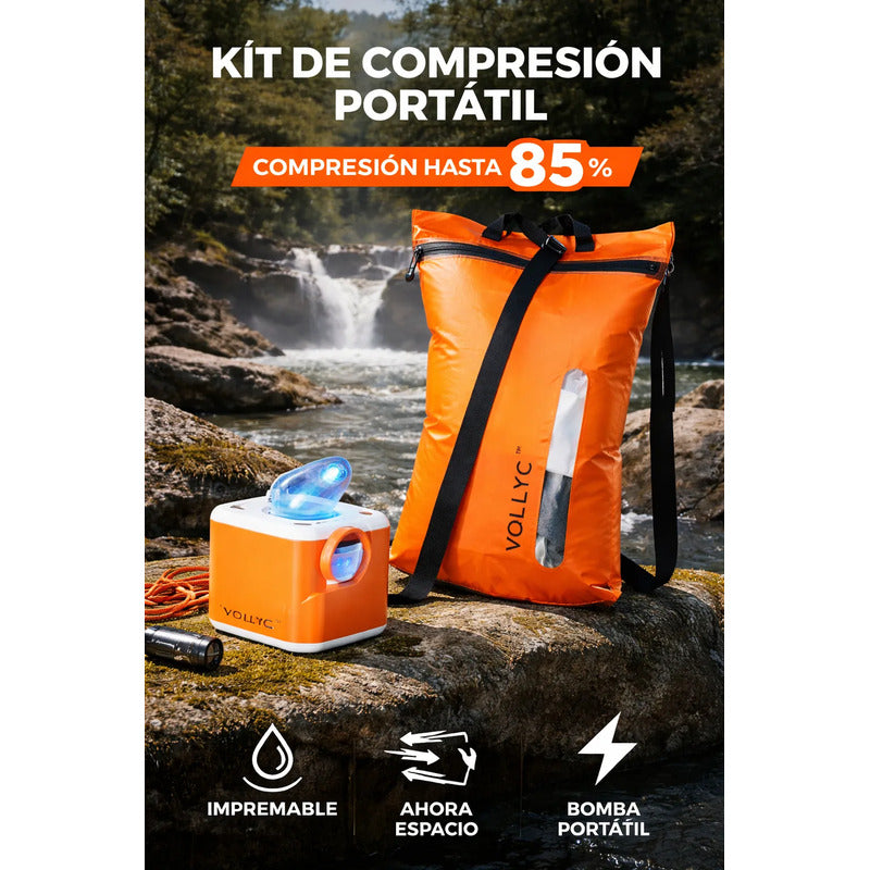 Kit Viajero Bolsa Impermeable Compresión 25l + Bomba Aire Naranja